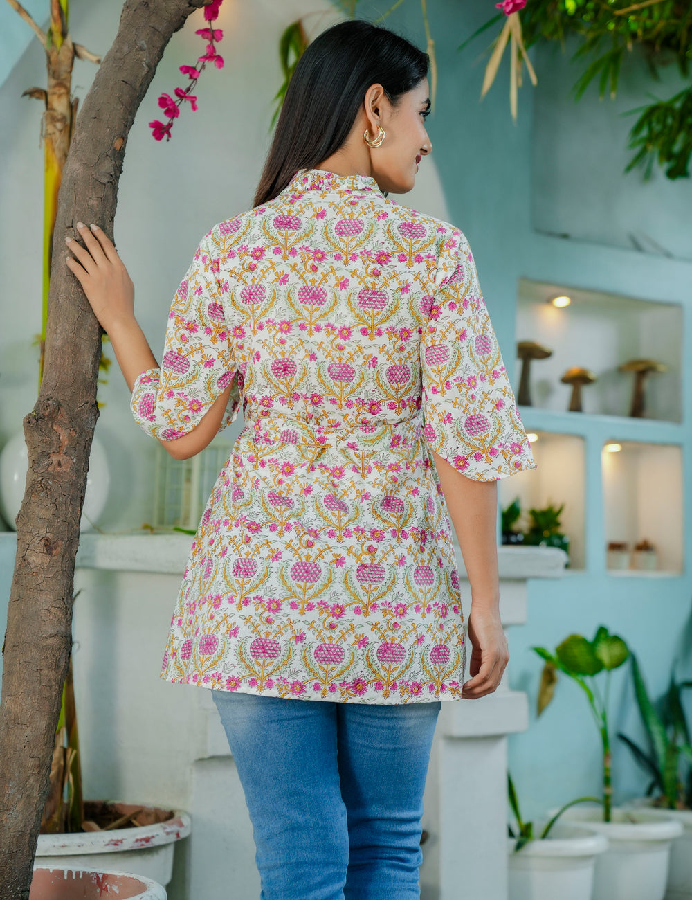 Gul Viraasat Wrap-Style Floral Lattice Hand Block printed Cotton Short Kurti - HL61