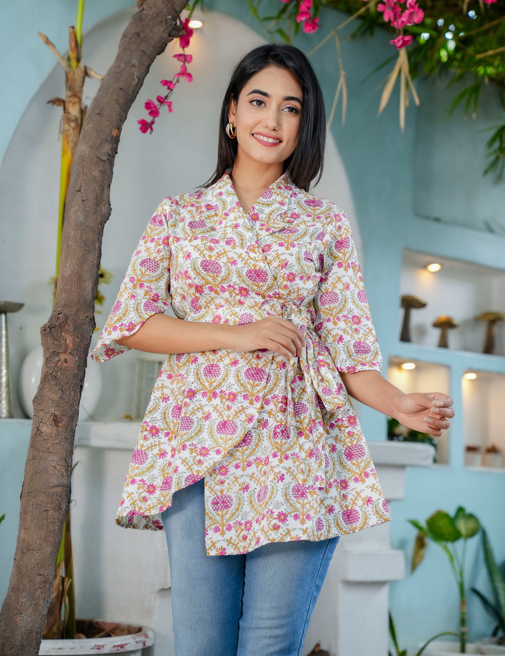 Gul Viraasat Wrap-Style Floral Lattice Hand Block printed Cotton Short Kurti - HL61