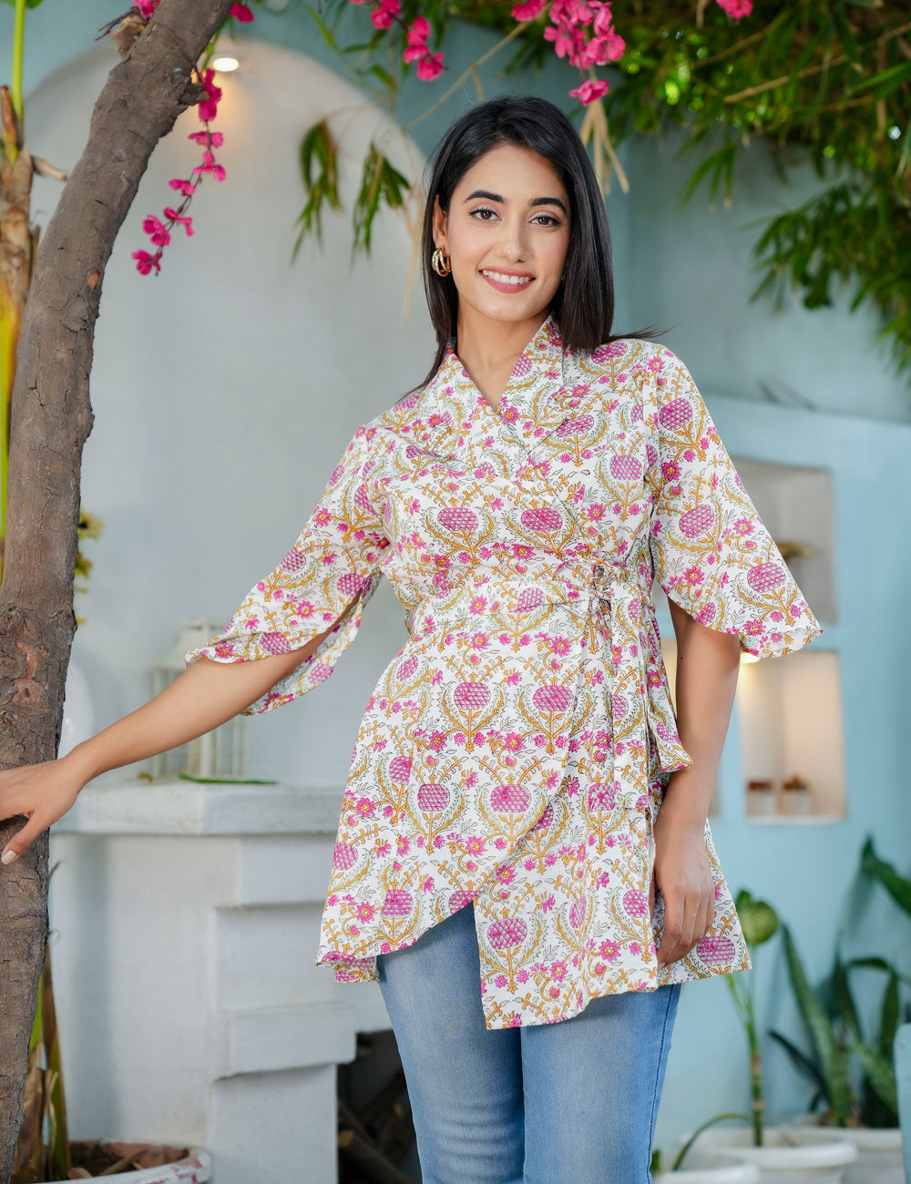 Gul Viraasat Wrap-Style Floral Lattice Hand Block printed Cotton Short Kurti - HL61