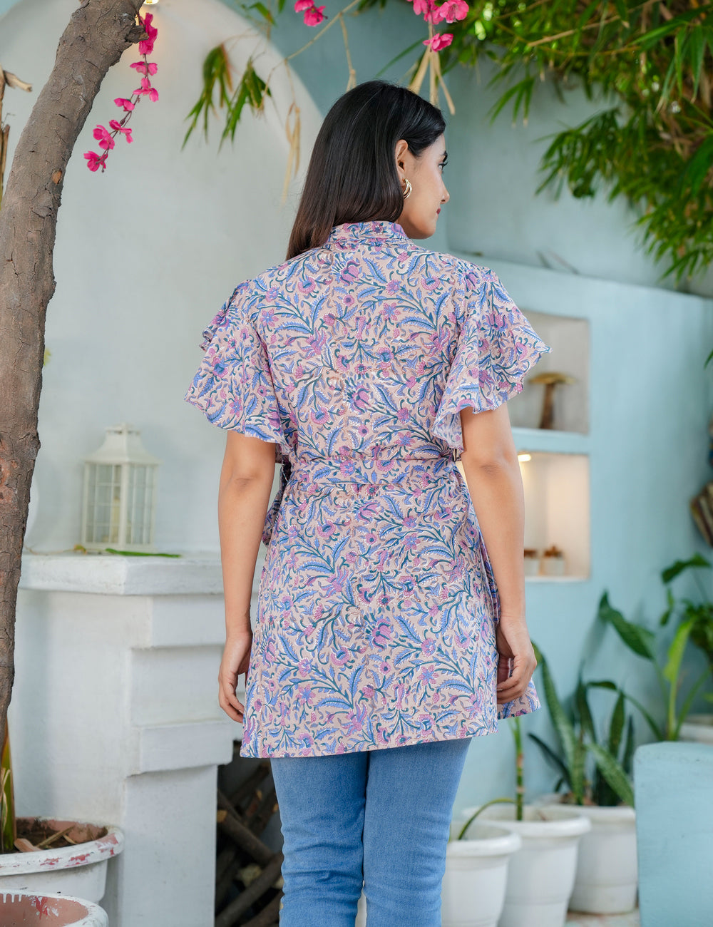 Lavender Bloom Wrap-Style Hand Block printed Cotton Short Kurti Top - HL62