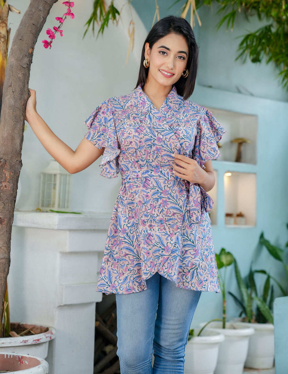 Lavender Bloom Wrap-Style Hand Block printed Cotton Short Kurti Top - HL62