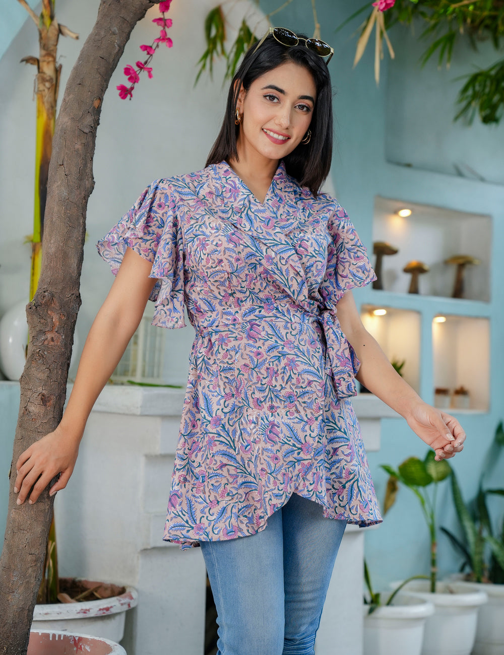 Lavender Bloom Wrap-Style Hand Block printed Cotton Short Kurti Top - HL62