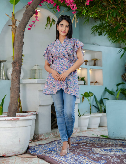 Lavender Bloom Wrap-Style Hand Block printed Cotton Short Kurti Top - HL62