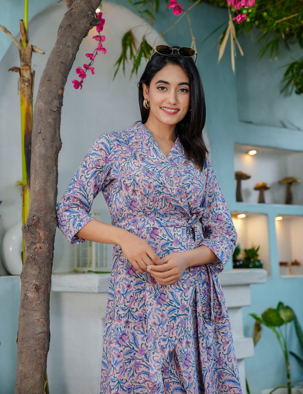 Hand Block Lavender Bloom Wrap-Style Western Cotton Dress - HL63