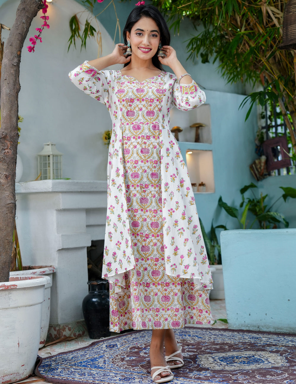 Rich Layered Floral Anarkali Hand Block Printed Western Dress - HL73