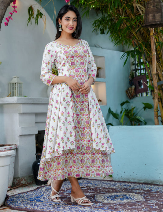 Rich Layered Floral Anarkali Hand Block Printed Western Dress - HL73