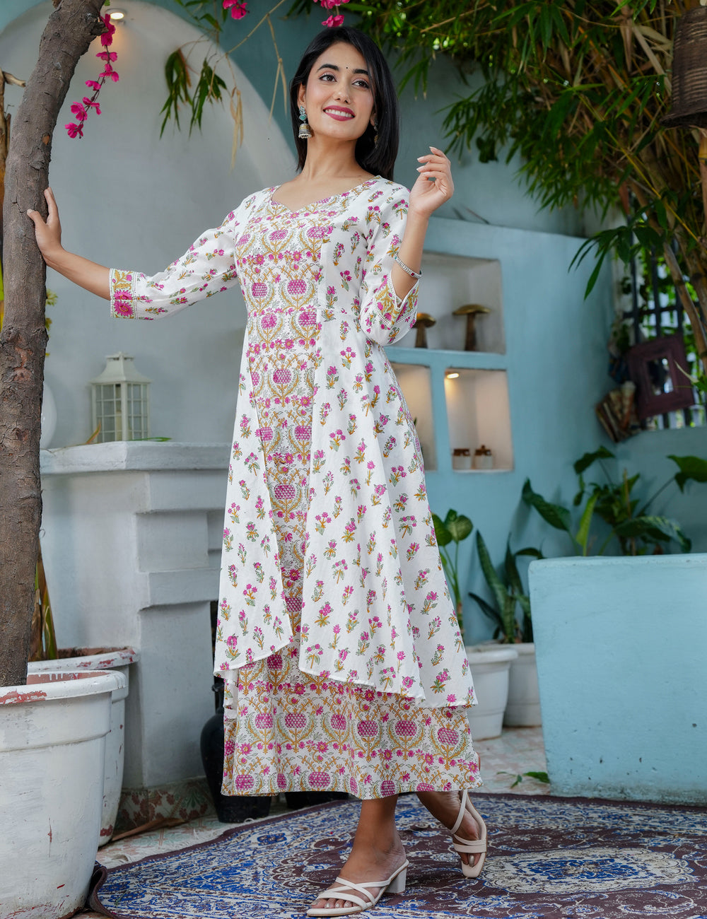 Rich Layered Floral Anarkali Hand Block Printed Western Dress - HL73