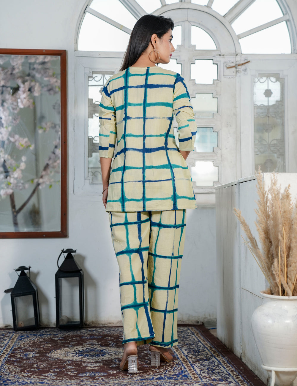 Navy Teal Check Sanganeri Printed V-shaped Geomatric Pattern Co-ord Set - HL74