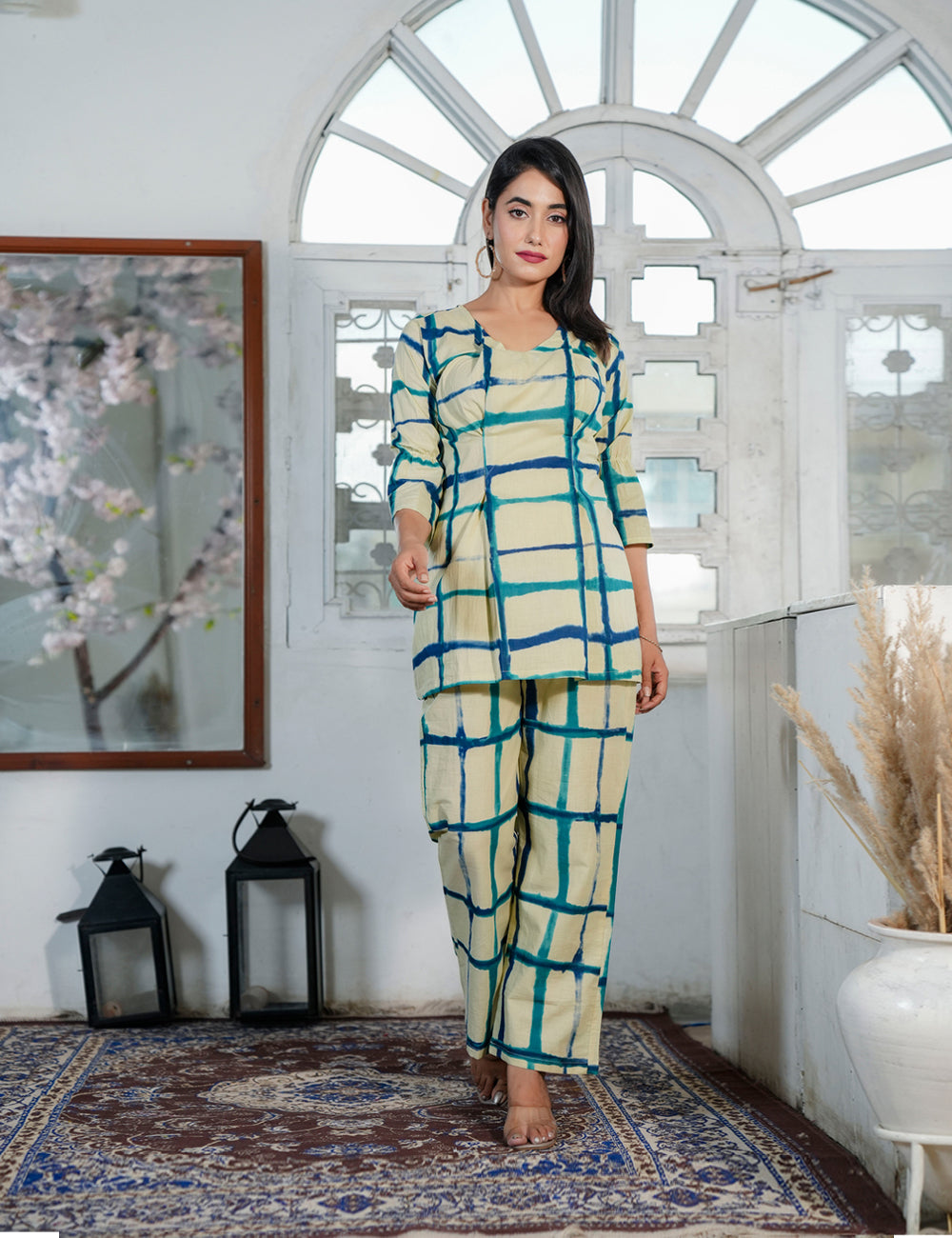 Navy Teal Check Sanganeri Printed V-shaped Geomatric Pattern Co-ord Set - HL74