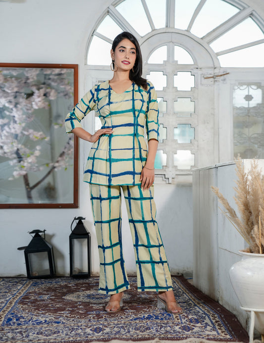 Navy Teal Check Sanganeri Printed V-shaped Geomatric Pattern Co-ord Set - HL74