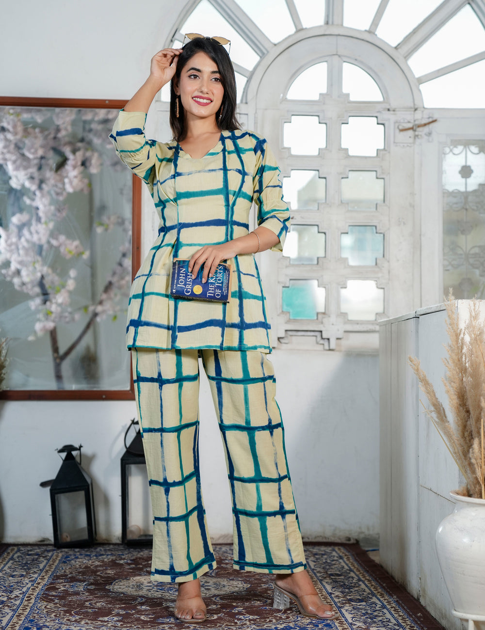 Navy Teal Check Sanganeri Printed V-shaped Geomatric Pattern Co-ord Set - HL74