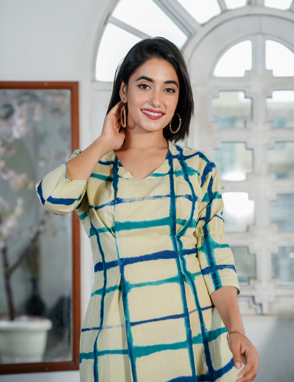 Navy Teal Check Sanganeri Printed V-shaped Geomatric Pattern Co-ord Set - HL74