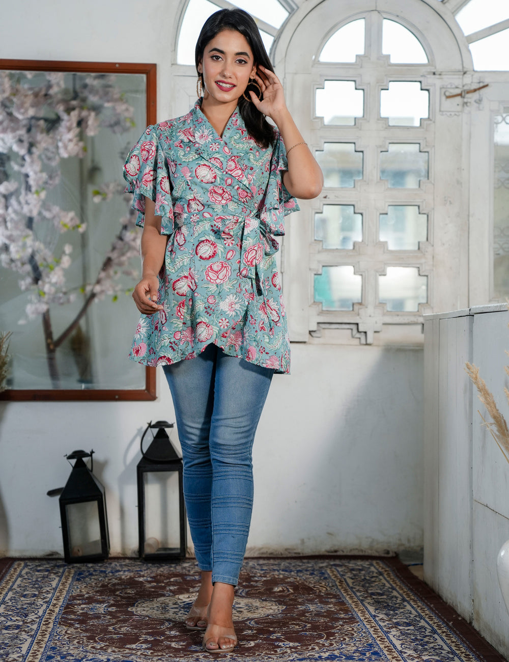 Teal Rosewood Hand Block Wrap-Style Peplum Top - HL76