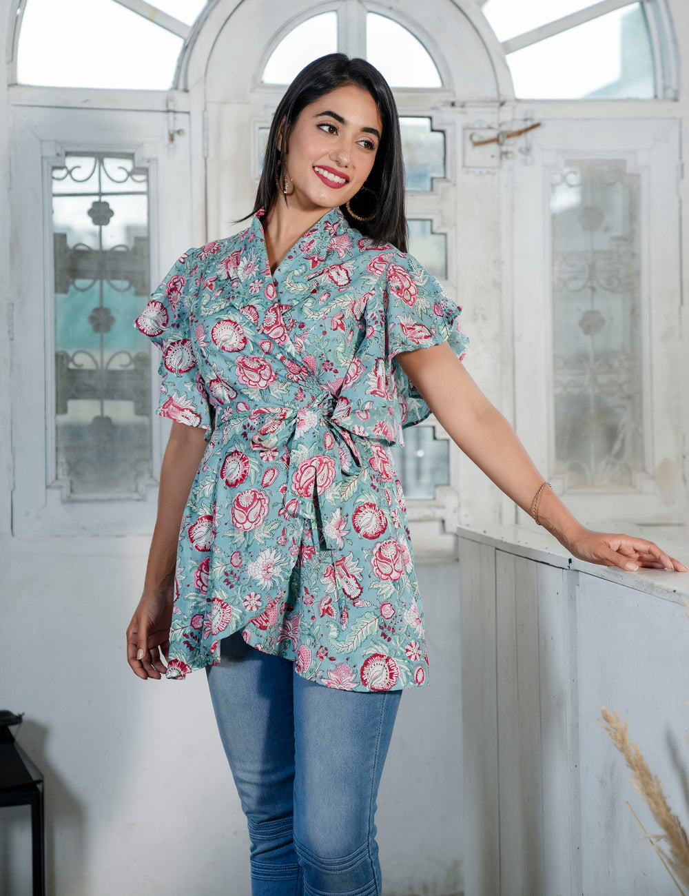 Teal Rosewood Hand Block Wrap-Style Peplum Top - HL76