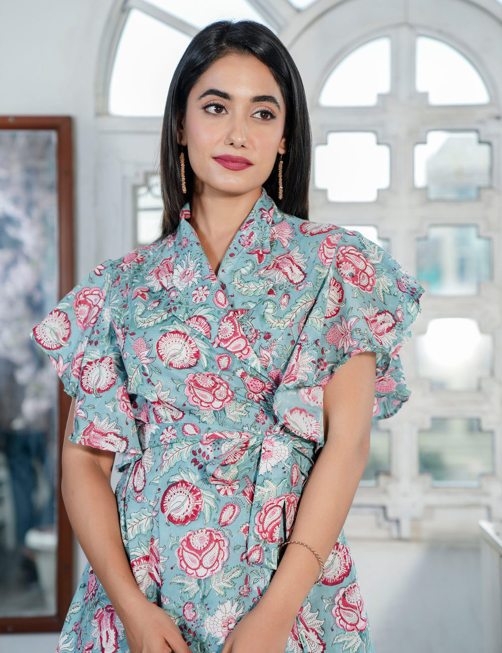 Teal Rosewood Hand Block Wrap-Style Peplum Top - HL76