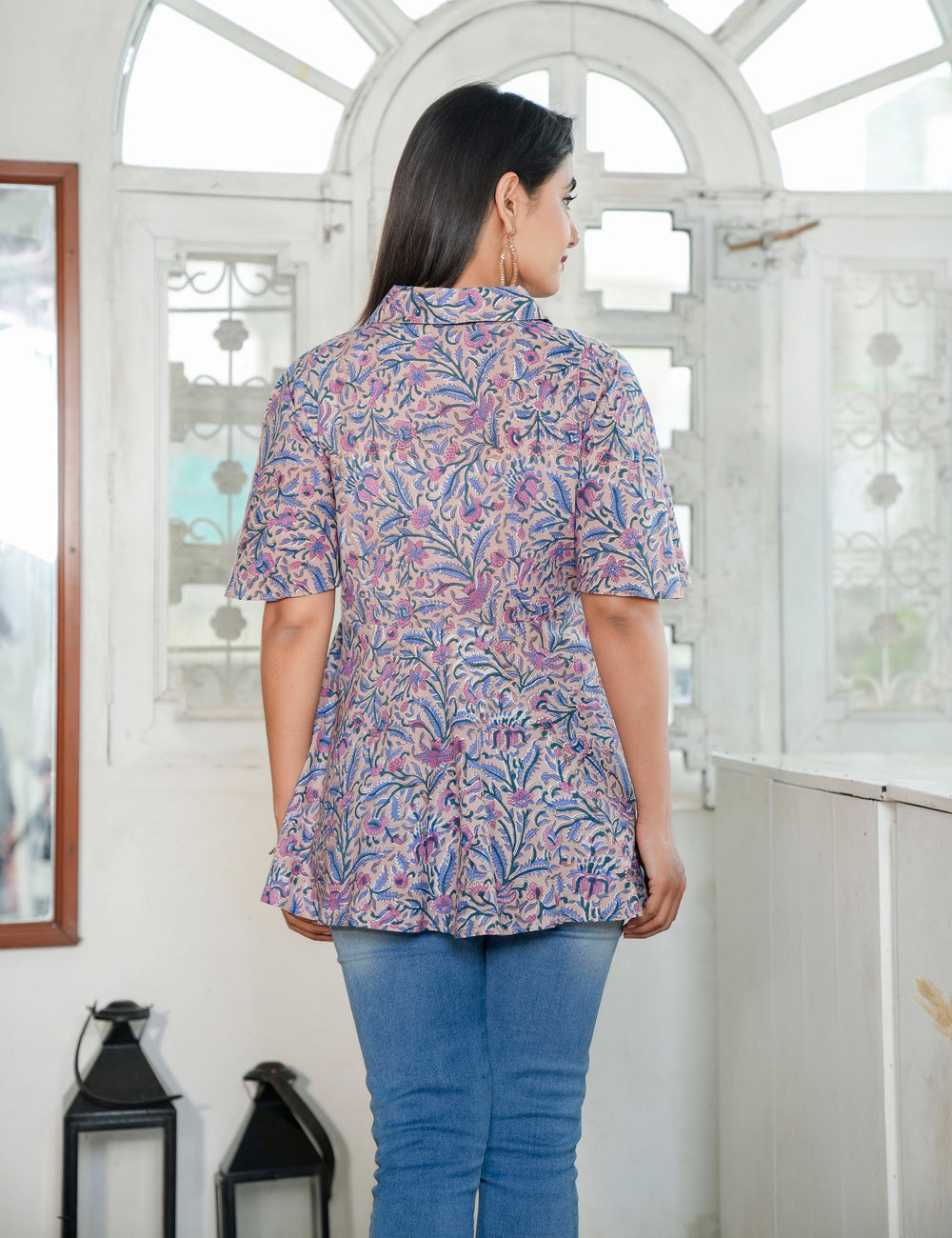 Lavender Vine Hand Block Cotton Button-Down Floral Peplum Top - HL77