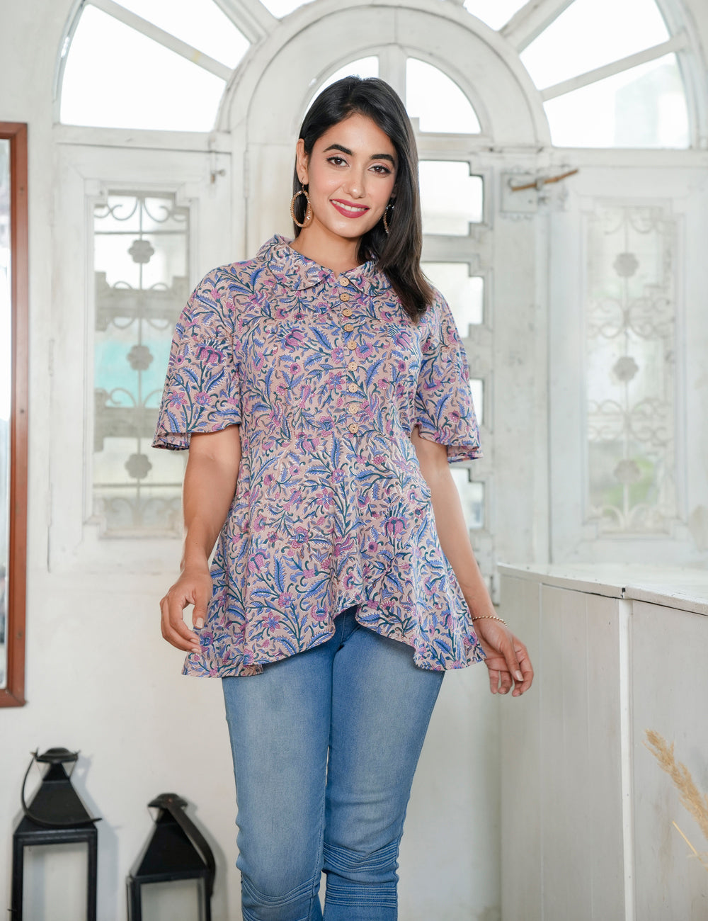 Lavender Vine Hand Block Cotton Button-Down Floral Peplum Top - HL77