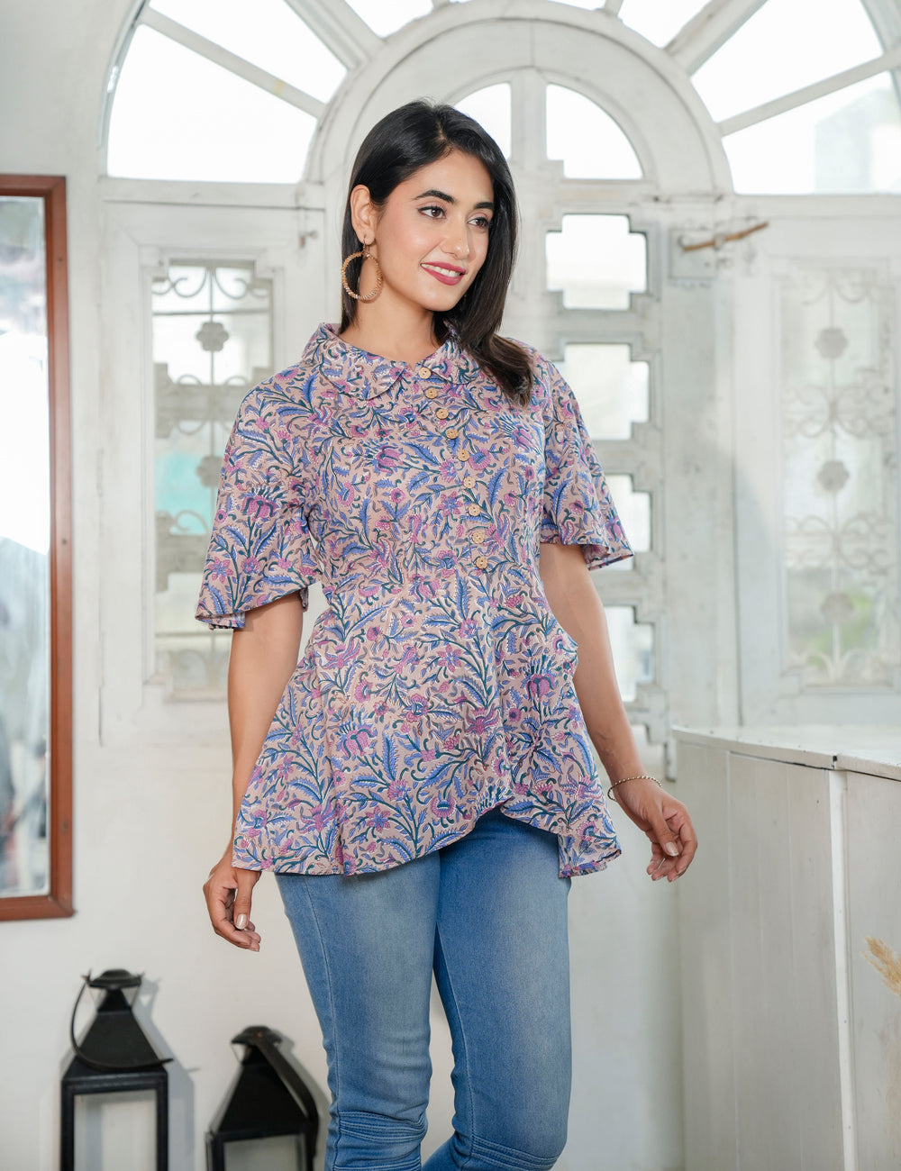 Lavender Vine Hand Block Cotton Button-Down Floral Peplum Top - HL77