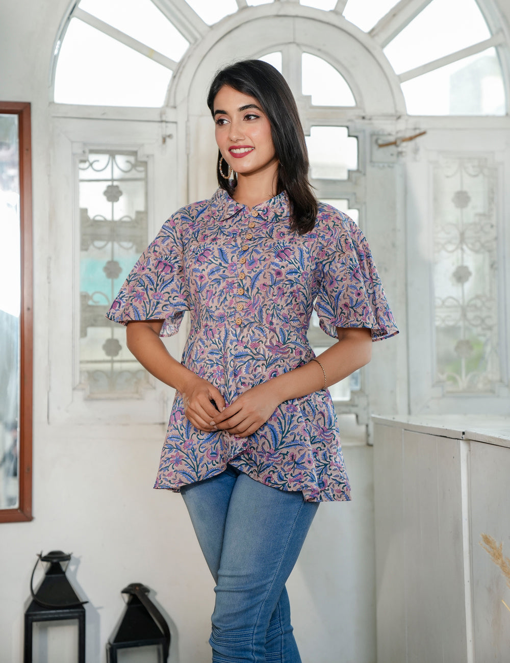 Lavender Vine Hand Block Cotton Button-Down Floral Peplum Top - HL77