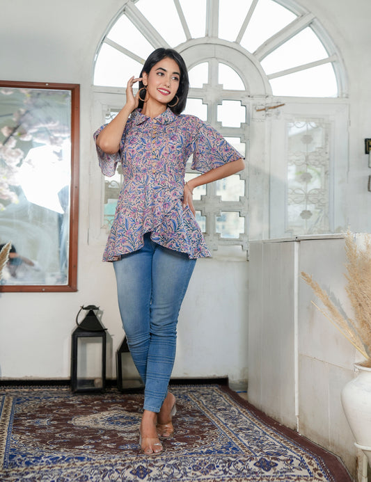Lavender Vine Hand Block Cotton Button-Down Floral Peplum Top - HL77