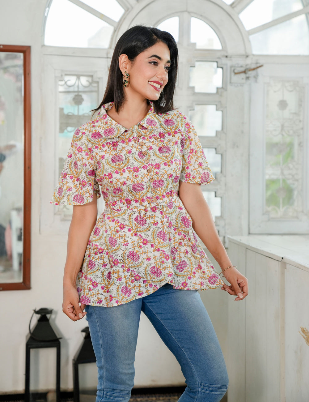 Summer Button-down Floral Shirt Collar Hand Block printed Cotton Peplum top - HL78
