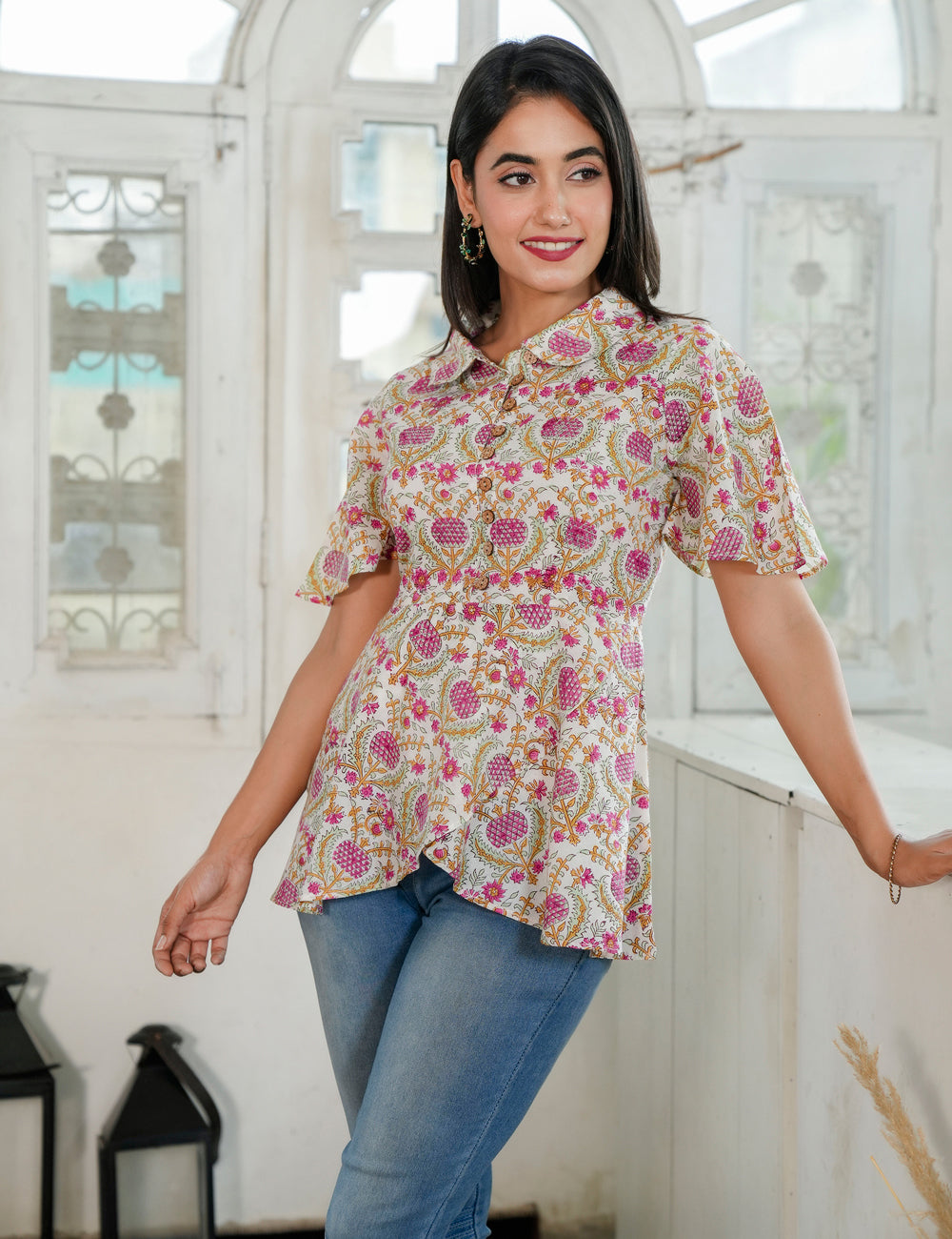 Summer Button-down Floral Shirt Collar Hand Block printed Cotton Peplum top - HL78