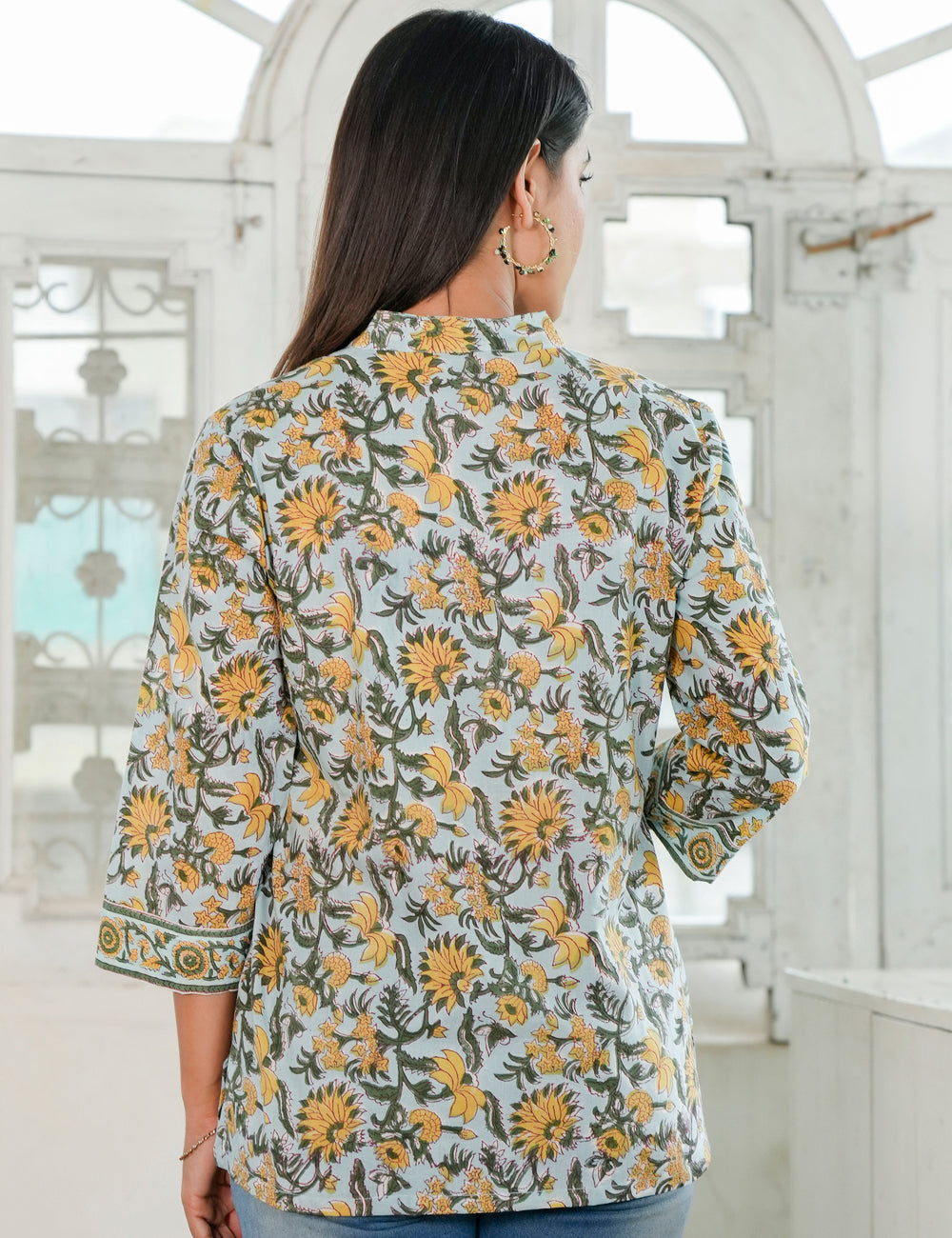 Marigold Motifs Hand Block V-neck Cotton Short Kurti with Mandarin Collar - HL79