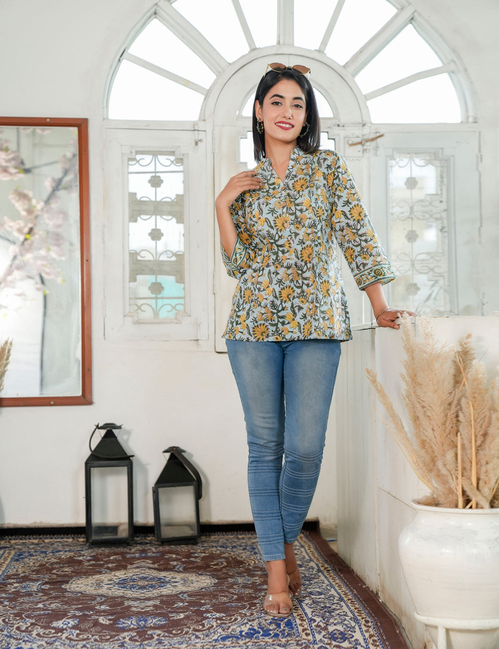 Marigold Motifs Hand Block V-neck Cotton Short Kurti with Mandarin Collar - HL79