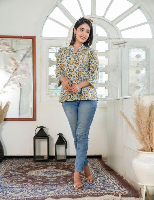 Marigold Motifs Hand Block V-neck Cotton Short Kurti with Mandarin Collar - HL79