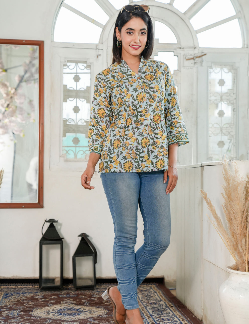 Marigold Motifs Hand Block V-neck Cotton Short Kurti with Mandarin Collar - HL79