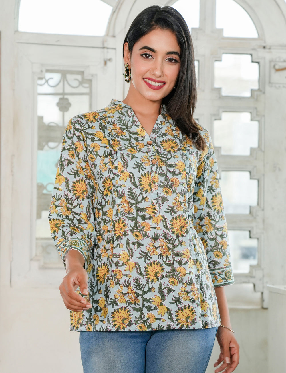 Marigold Motifs Hand Block V-neck Cotton Short Kurti with Mandarin Collar - HL79