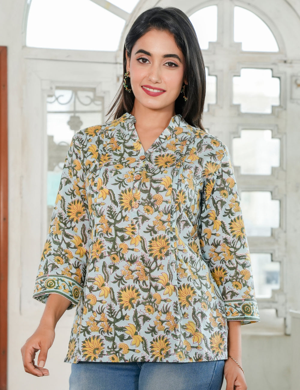 Marigold Motifs Hand Block V-neck Cotton Short Kurti with Mandarin Collar - HL79