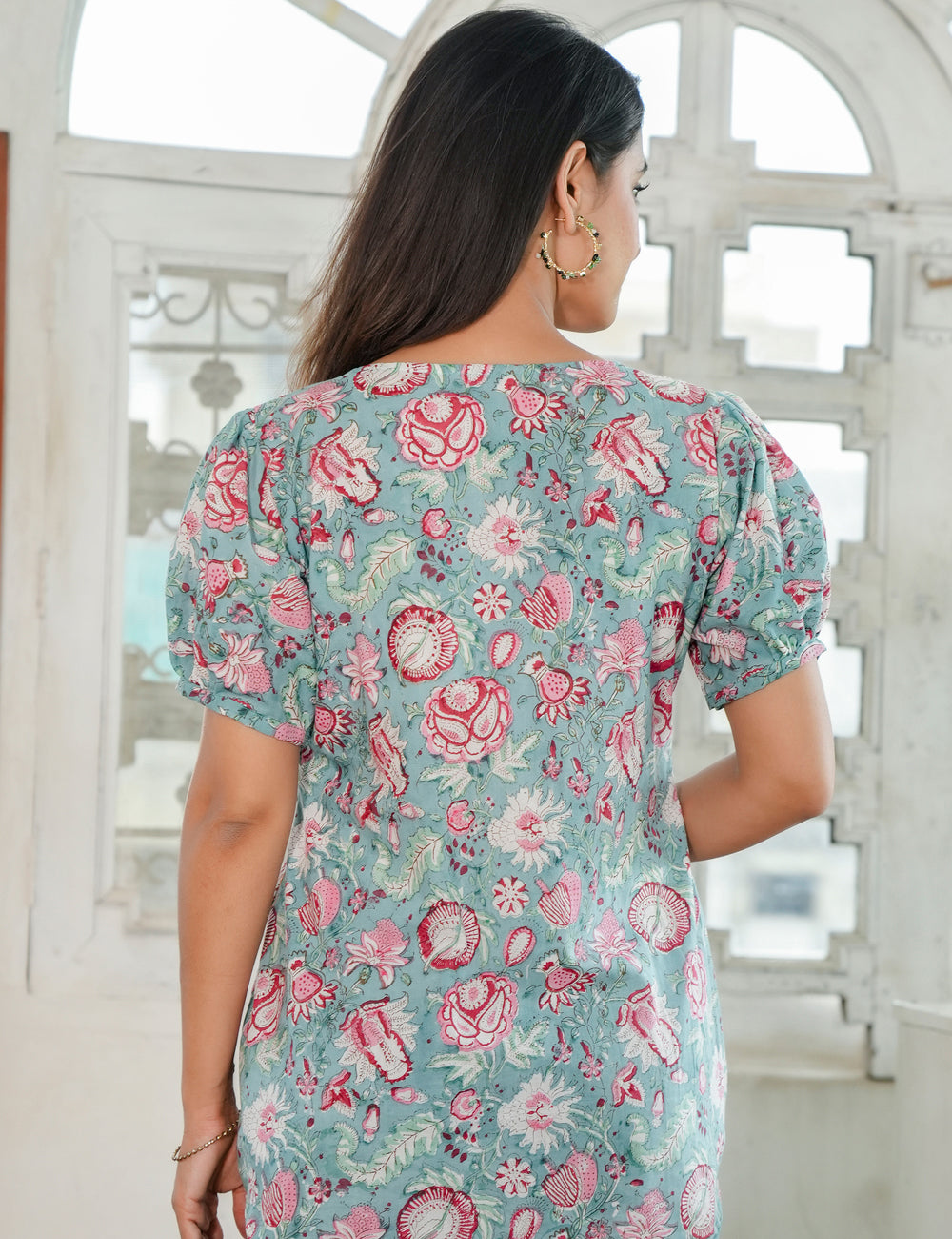 Rosy Flair Puff Sleeve Floral V-neck Hand Block printed Cotton Kurti - HL80