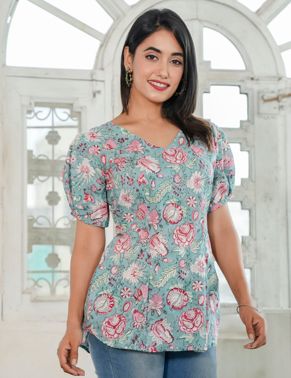 Rosy Flair Puff Sleeve Floral V-neck Hand Block printed Cotton Kurti - HL80