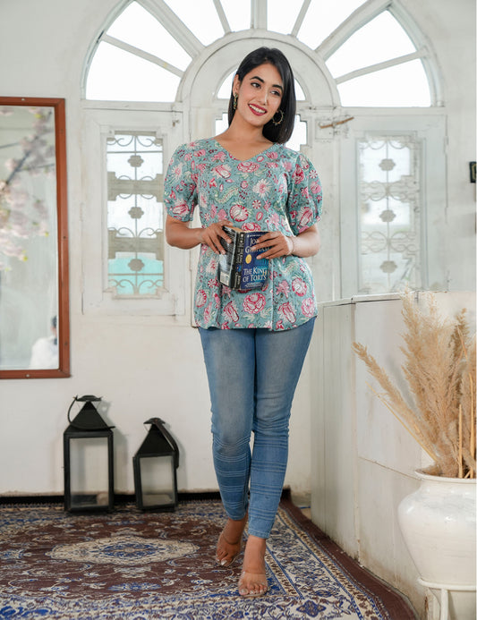 Rosy Flair Puff Sleeve Floral V-neck Hand Block printed Cotton Kurti - HL80