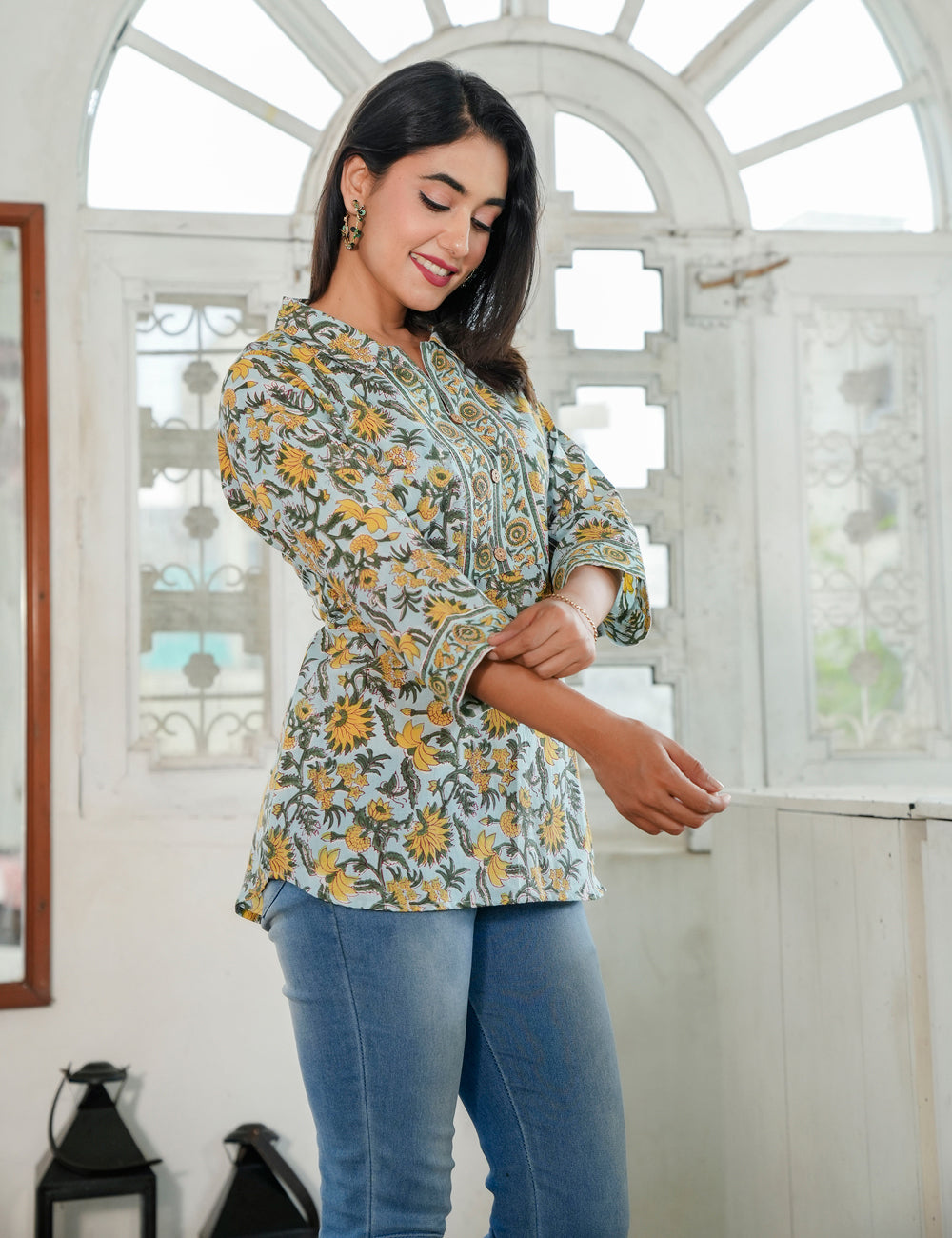 Sunlit Vine Hand Block Print Split Neck Cotton Short Kurti - HL81
