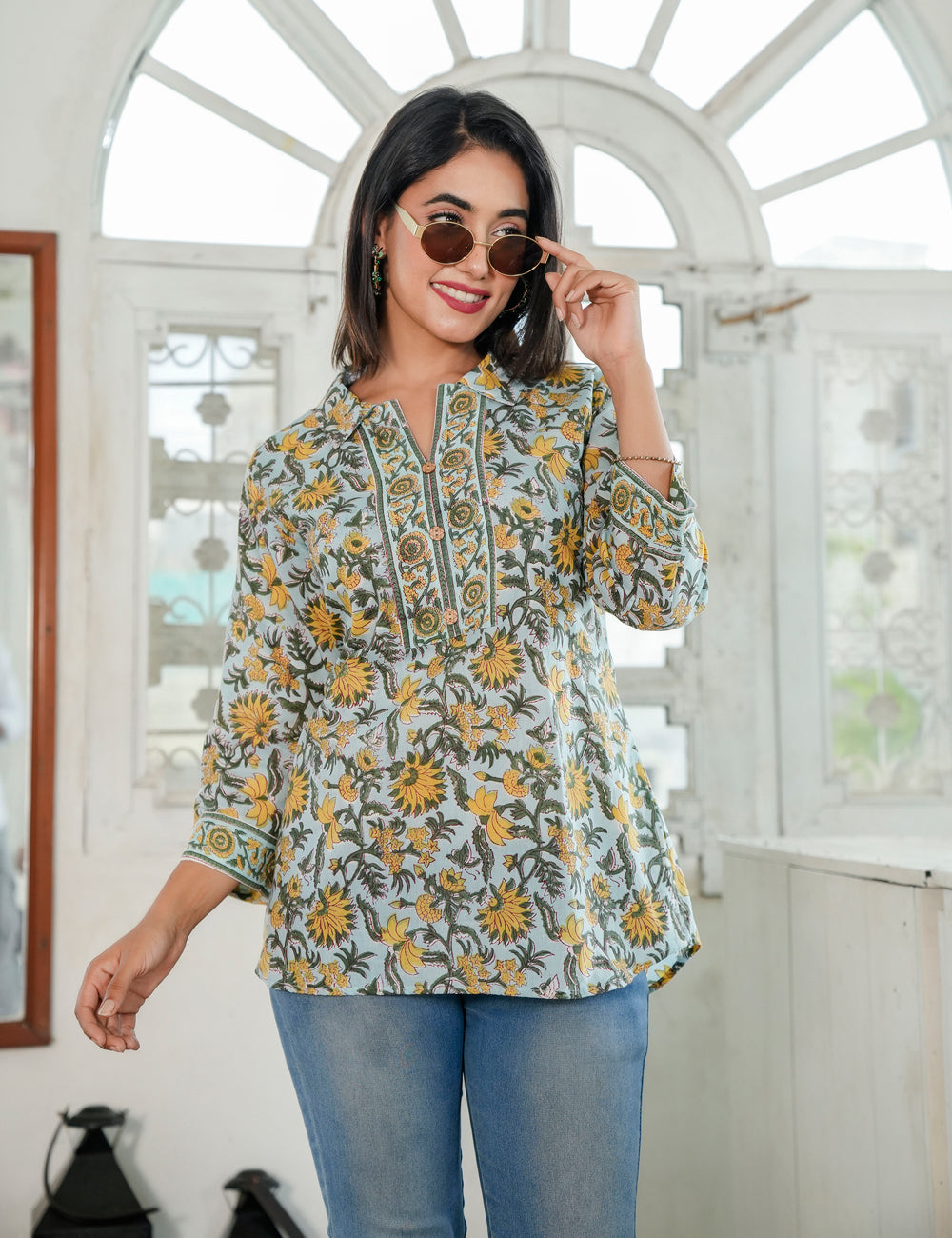 Sunlit Vine Hand Block Print Split Neck Cotton Short Kurti - HL81
