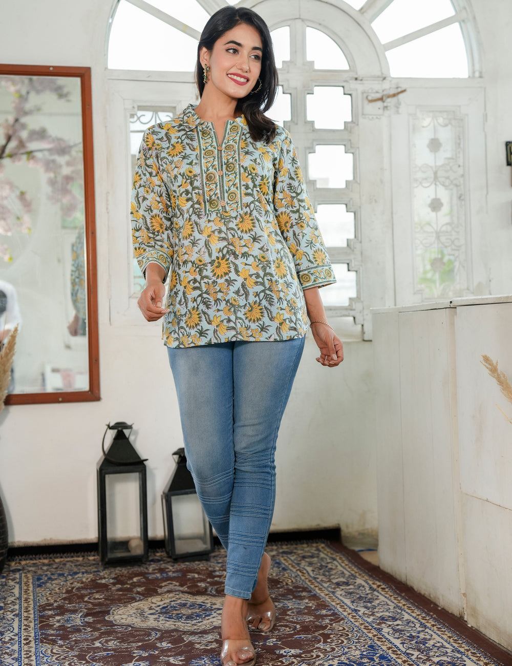 Sunlit Vine Hand Block Print Split Neck Cotton Short Kurti - HL81
