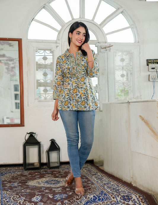 Sunlit Vine Hand Block Print Split Neck Cotton Short Kurti - HL81