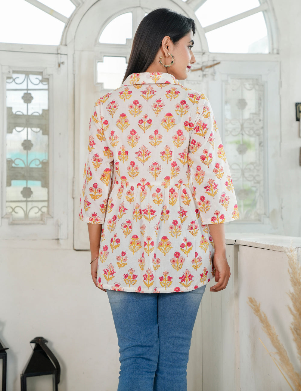 Boho-inspired Hand Block Print Cotton Casual Peplum Top - HL82