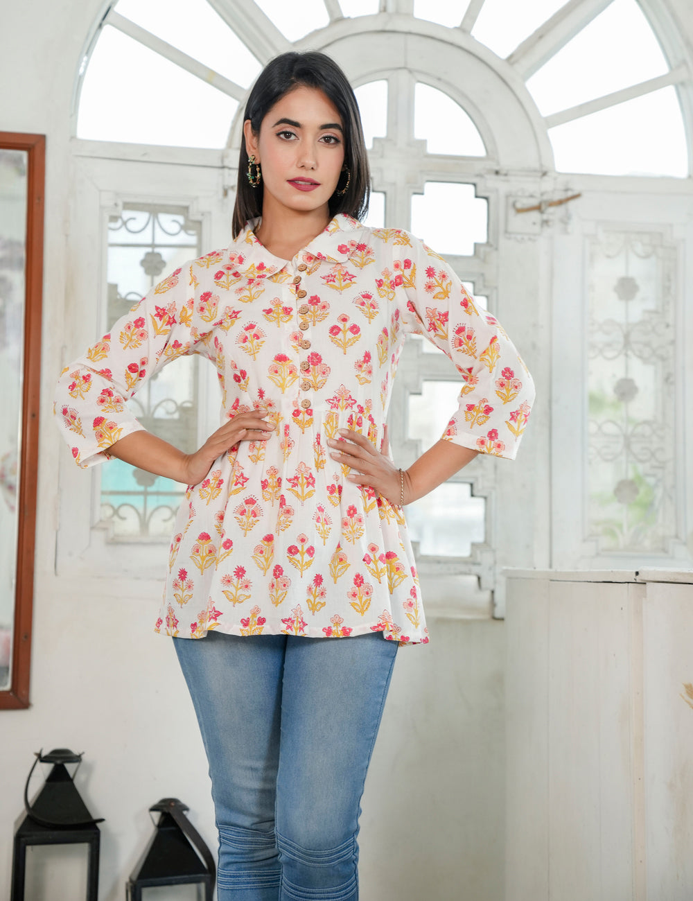 Boho-inspired Hand Block Print Cotton Casual Peplum Top - HL82
