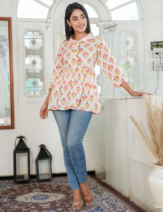 Boho-inspired Hand Block Print Cotton Casual Peplum Top - HL82