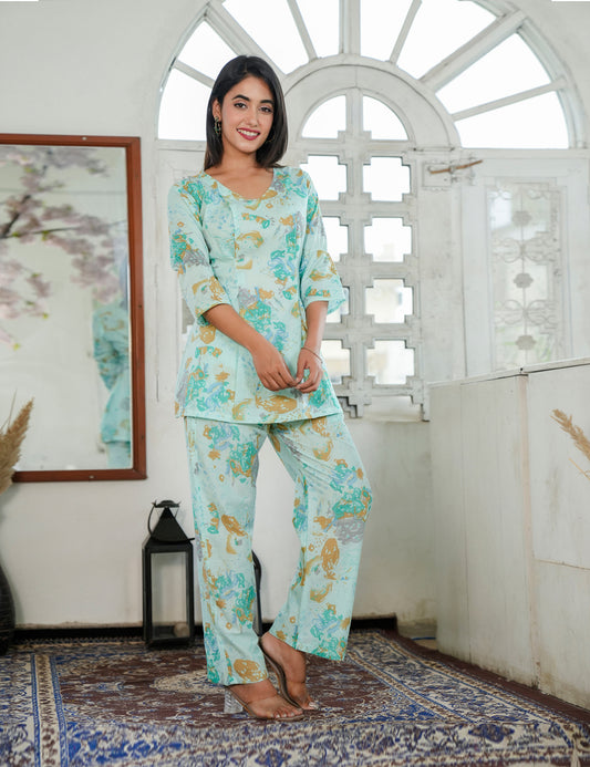 Mint Bloom SanganeriPrinted Relaxed Fit V-neck Cotton Co-ord Set - HL83