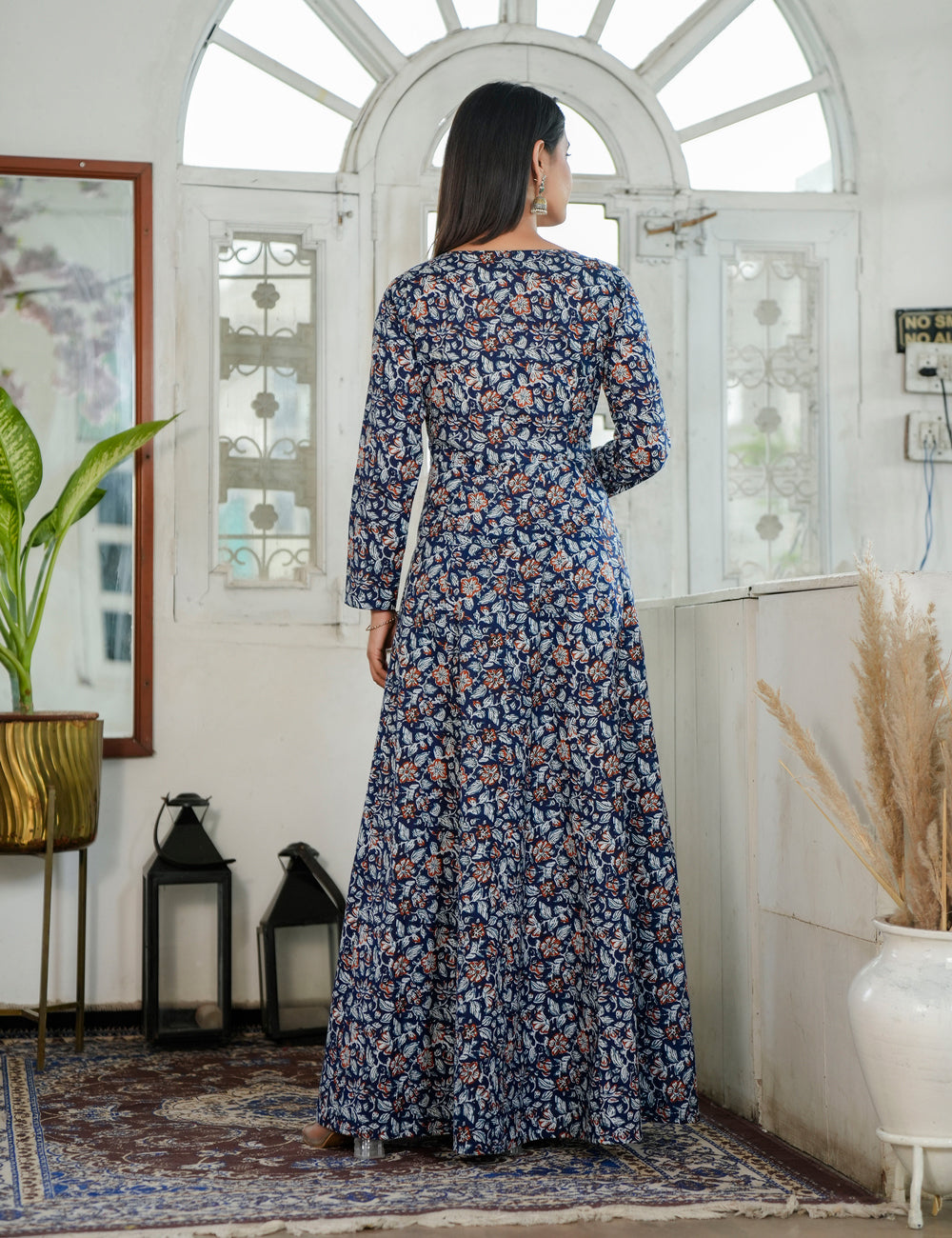 Noor Navy Traditional Floral Sanganeri Printed Full Length Western Dress alike Anarkali Gown - HL87