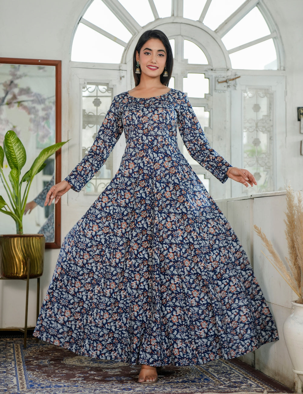Noor Navy Traditional Floral Sanganeri Printed Full Length Western Dress alike Anarkali Gown - HL87