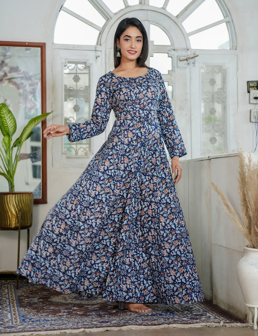 Noor Navy Traditional Floral Sanganeri Printed Full Length Western Dress alike Anarkali Gown - HL87