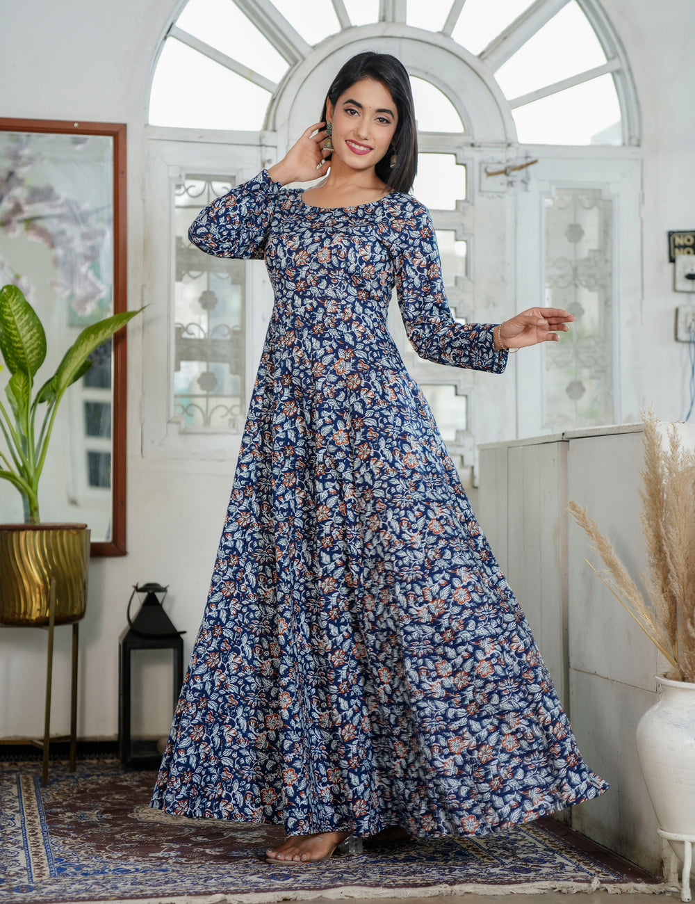 Noor Navy Traditional Floral Sanganeri Printed Full Length Western Dress alike Anarkali Gown - HL87