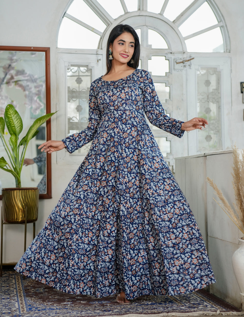 Noor Navy Traditional Floral Sanganeri Printed Full Length Western Dress alike Anarkali Gown - HL87