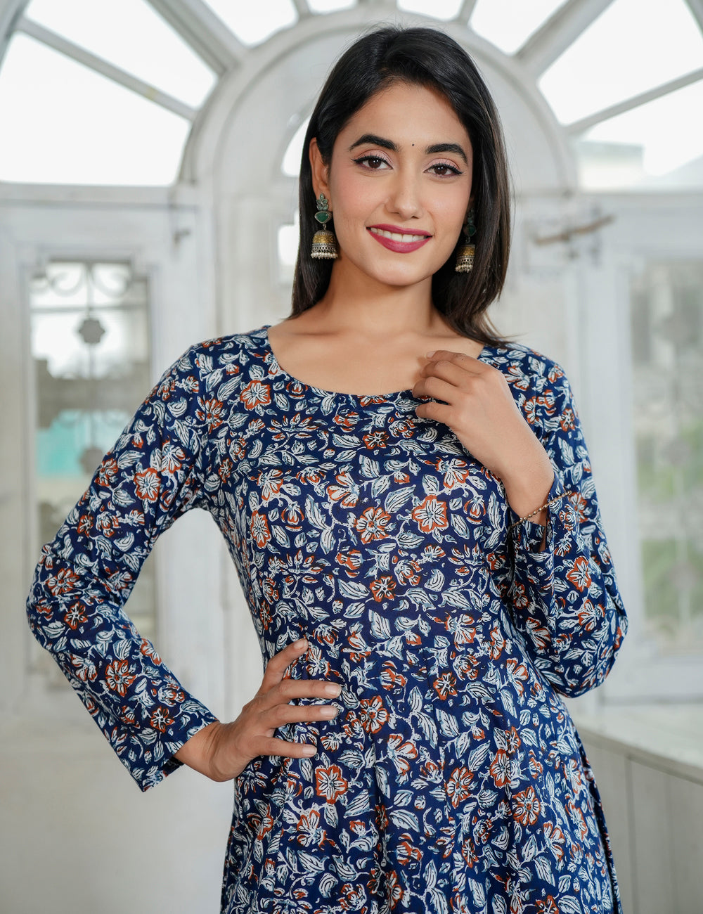 Noor Navy Traditional Floral Sanganeri Printed Full Length Western Dress alike Anarkali Gown - HL87
