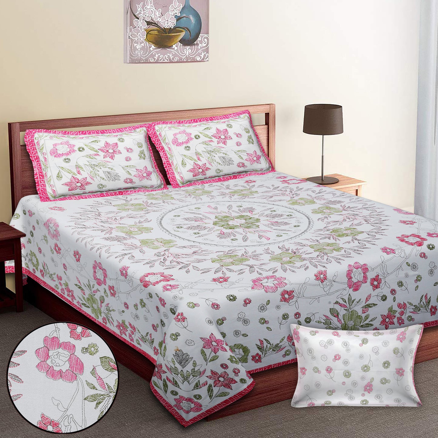 108/108 Artistic Collection 100% Cotton Jumbo Size Double Bedsheet with 2 Pillow Covers, Unique Patterns & Smooth Texture - HLB71